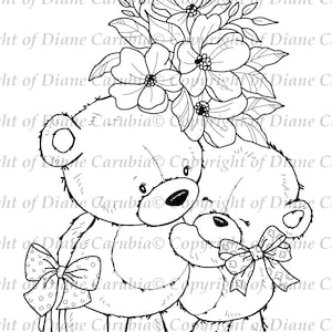Fleur amour ours, tampon numérique, téléchargement, imprimable, mignon, fabrication de cartes