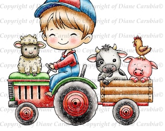 Cute and Cuddly on the Farm, zwart-wit, digitale stempel, kaarten maken, afdrukbaar, boerderij, jongens