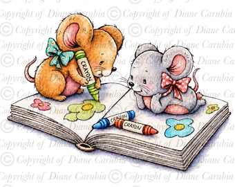 Creative crayon Mice, black and white  digital stamp, colouring page, JPEG, instant download