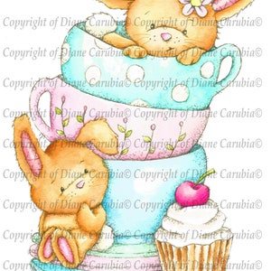 Afternoon Bunny Tea colorido, carimbo digital, download, imprimível, digi, adesivos, planner