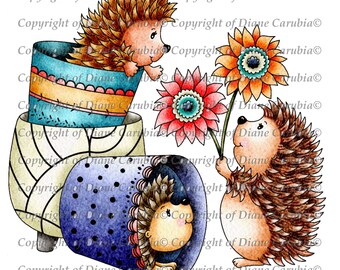 plantpot hedgehogs, digital stamp, colour, printable, cardmaking