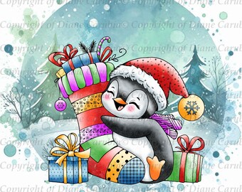 Jolly Flippers precoloured digital stamps, 2 coloured penguin stamps, christmas penguin images, sublimation