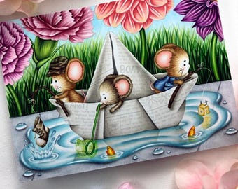 Three Fishing Mice, Digital Stamp, kit and Clowder, black and white