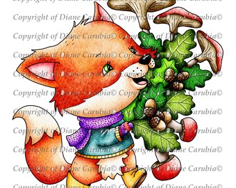 Autumn Foxy, black and white, autumn, fox, cardmaking, printable