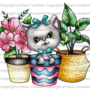 Plant Pot Kitty Black and white, Digital Stamp, Download, printable