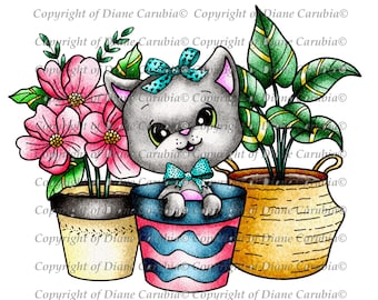 Plant Pot Kitty Black and white, Digital Stamp, Download, printable