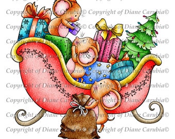 Sleigh ride Mice, digital stamp, download, black and white, mice