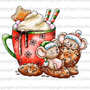 Souris de Noël au chocolat chaud et aux biscuits, noir et blanc, tampon numérique, téléchargement, imprimable