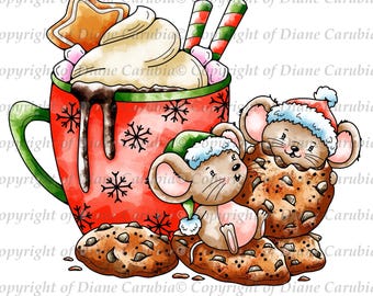 Hot Chocolate and Cookies Christmas Mice,  Black and white, digital stamp, download, printable