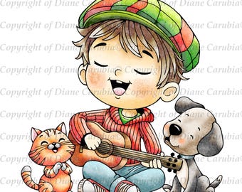 Happy To Sing, black and white, digital stamp, music digital stamp, colouring kids page, cardmaking