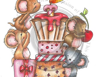 Cupcake Wish Mice, Digital Stamp, Download