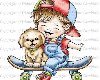 Skateboard fun, digital stamp, black and white, kids colouring page, cardmaking, printable stamp