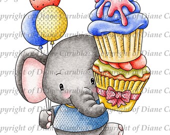 Ellies cupcake coloured, digital stamp, elephant, cardmaking, printable, cute elephant image