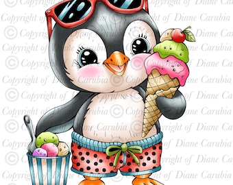 Penguins Ice Cream, black and white digital stamp, digi, colouring page