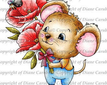 Poppy Mouse, Digital Stamp, Download, black and white