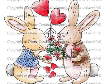 Bunny Love, schwarz und weiß, digitaler Stempel, digi, printable, Download, Valentinstag, Liebe, Herzen
