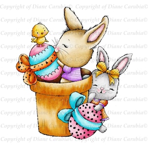 Easter Bunnies Plantpots, Black and white, digital stamp, digi, easter, bunny