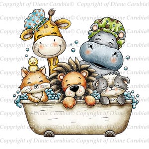 May include: A whimsical illustration of five cartoon animals in a bathtub. A giraffe, hippo, lion, fox, and dog are enjoying a bubble bath. The animals are wearing shower caps and smiling. The fox has a small yellow chick on its head.