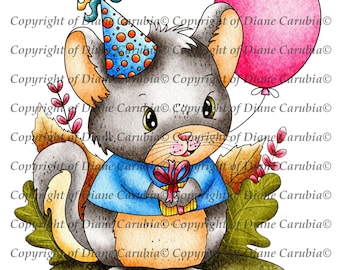 Birthday Chinchilla, black and white digital stamp, colouring page, cardmaking image