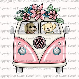 VW Dogs, Black and white, digital stamp, printable, cute
