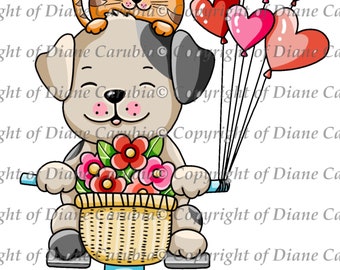 Bike balloons, black and white, digital stamp, download, valentine, cute, love