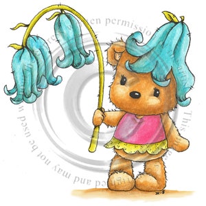 Bluebell Bear, black and white, Digital stamp, digi, cute bear,  bluebell flower, colouring page, cardmaking image
