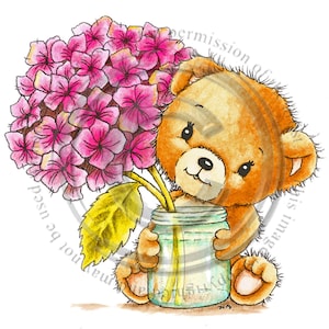 Hydrangea Ted, black and white, digital stamp, printable image, colouring page, cute bear colouring