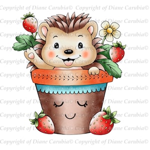 May include: A whimsical illustration of a hedgehog in a flower pot, surrounded by strawberries and a flower. The hedgehog has a smiling face and is waving. The flower pot is brown with orange and blue accents.