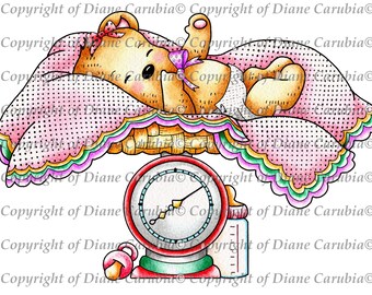 Baby Bear Scales girl, Black and white, digital stamp, download printable, nursery