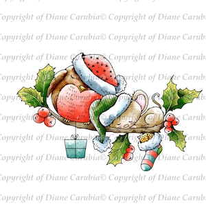 May include: A watercolour illustration depicting a robin and a mouse asleep on a branch, decorated with holly, berries, and a small present. The robin is wearing a Santa hat, and the mouse is under a green scarf. A Christmas theme.