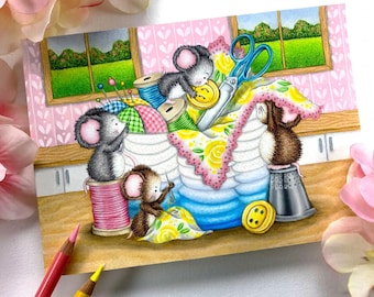 cute sewing Mice, kit and clowder, digital stamp, cute, printable, colouring class