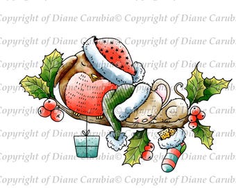 Robin and Mouse believe in Christmas, digital stamp, coloured, printable, download, stickers