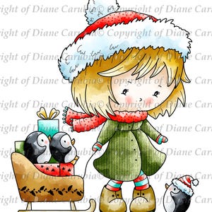 Penguins Sleigh Fun, Black and White, digital stamp, cardmaking, Christmas, sublimation