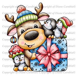 Cadeau renne, noir et blanc, timbre numérique, digi, Noël, imprimable