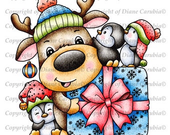 Reindeer present, black and white, digital stamp, digi, christmas, printable