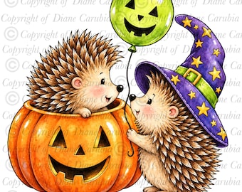Halloween pumpkin hedgehogs, coloured digital stamp, png, cardmaking image, sublimation