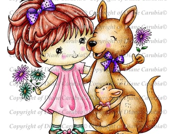 Kangaroo Fun, black and white, printable, digital stamp