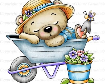 May include: A cartoon illustration of a light brown teddy bear wearing a yellow straw hat with a blue ribbon and purple flower, sleeping in a grey wheelbarrow. A small bee sits on a trowel, and a blue bucket holds purple and pink flowers.
