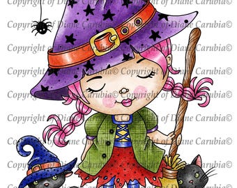 Kizzy Witch, schwarz und weiß, digitaler Stempel, digi, printable, Halloween