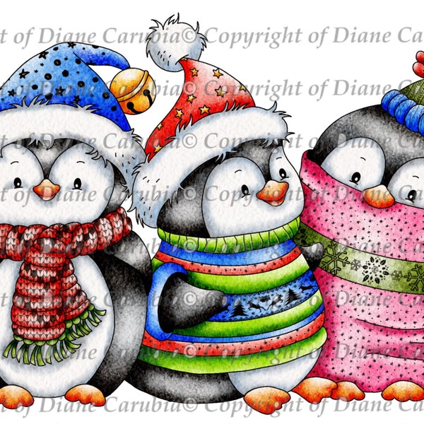 Three Chilly Penguins, black and white, digital stamp, digi, christmas, printable, download, penguins