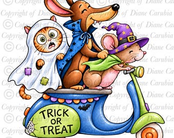 Trick or Treat ride, black and white digital stamp, printable colouring, jpeg, colouring page