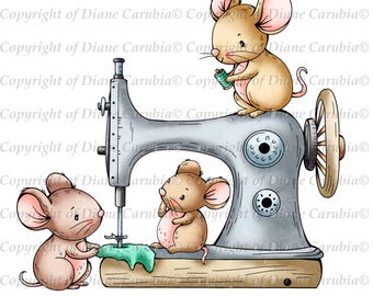 Sew Cute Mice, black and white digital stamp, colouring page, colouring cardmaking image