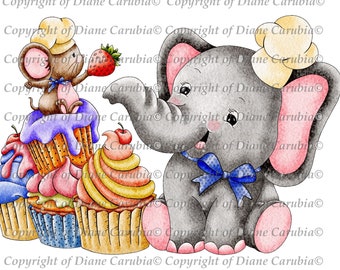 Ellies Strawberry cupcake, digital stamp, black and white