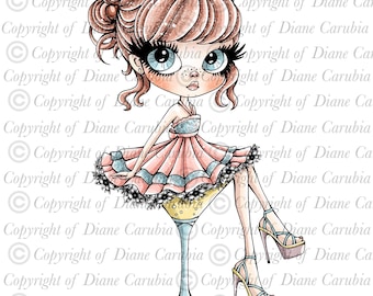 Bubbly Belle Black and white digital stamp, colouring printable page, cardmaking image