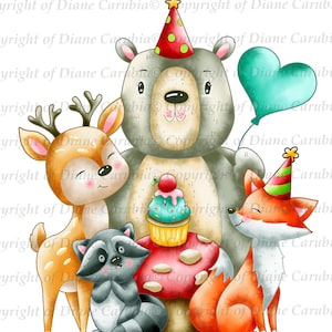 Animaux de la fête d'anniversaire, noir et blanc, tampon numérique, digi, fabrication de cartes, imprimable, mignon, bois