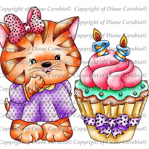 Kittys Cupcake, black and white, Digital Stamp, Download, printable