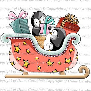 Penguins Sleigh, digital stamp, black and white, printable, download, Christmas