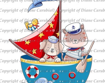 Buddys in a Boat, coloured, digital stamp, printable, download