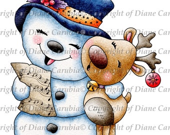 singing snowman pals, black and white, Digital stamp, download, cardmaking