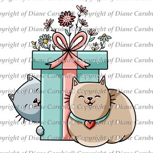 Pussycat Present, black and white, digital stamp, printable, download, cat